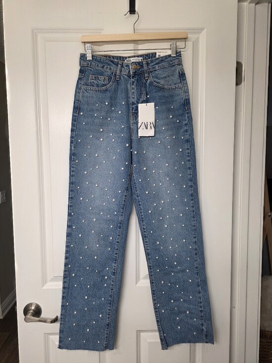 Zara Denim - Zara Blue Straight-Leg Jeans with Pearls